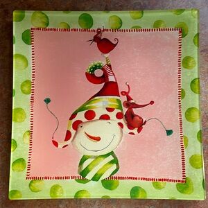 NWT Prima Donna Crazy Hat Snowman whimsical serving platter for holidays 12”x12”